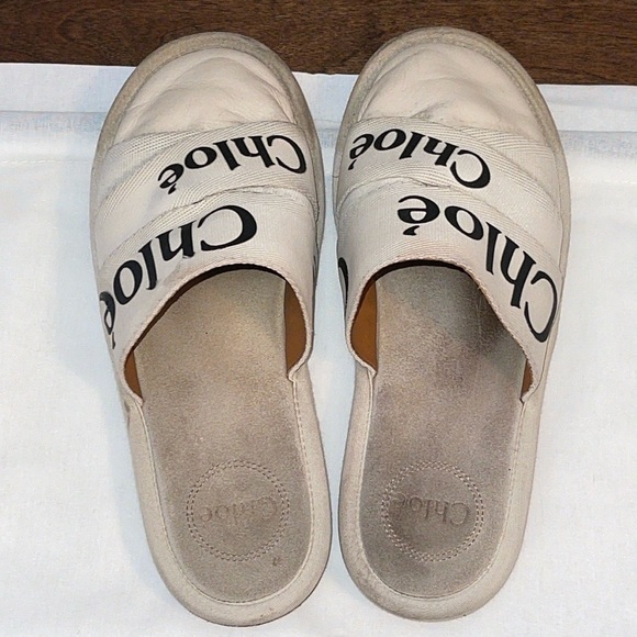 CHLOE WOODY LOGOED CANVAS & LEATHER WHITE MULE SLIPPERS Sz. 38/ US 8 - Picture 9 of 17